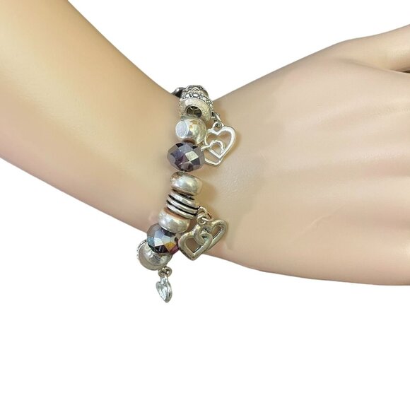 Heart Charm Beaded Bracelet With Faux Crystals Purple Fashion Accessory - Picture 5 of 5